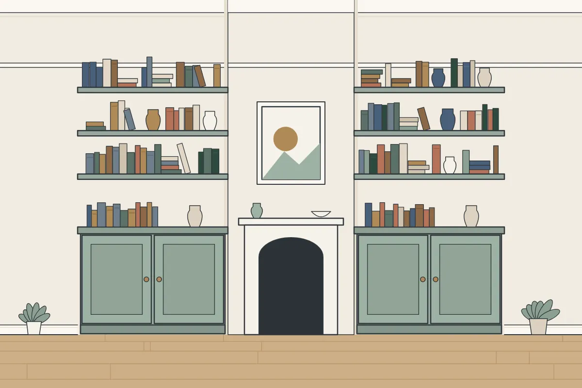 Illustration of painted alcove cupboards with shelves above, beside a chimney breast