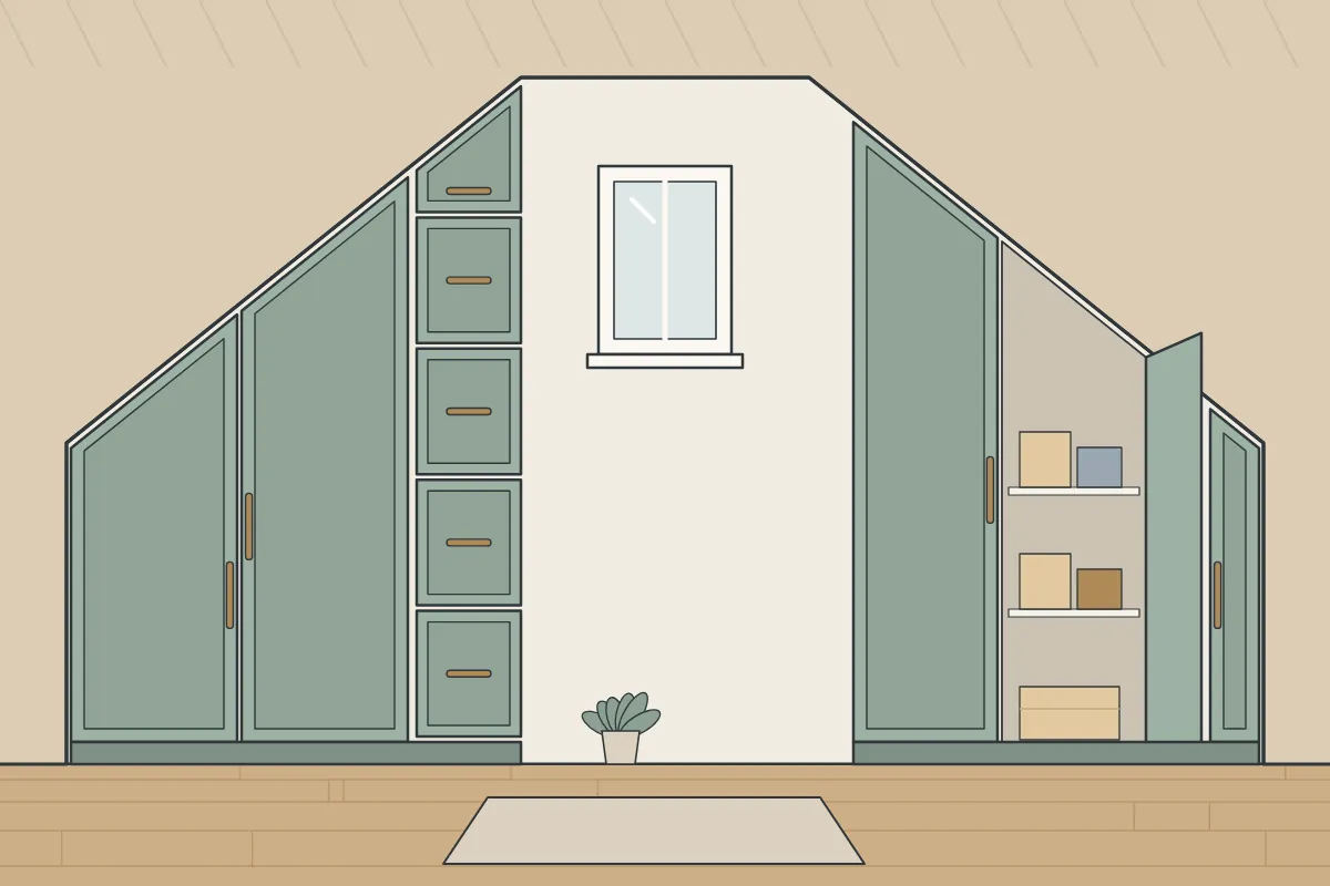Illustration of eaves cupboards and drawers built into the knee wall of a loft room