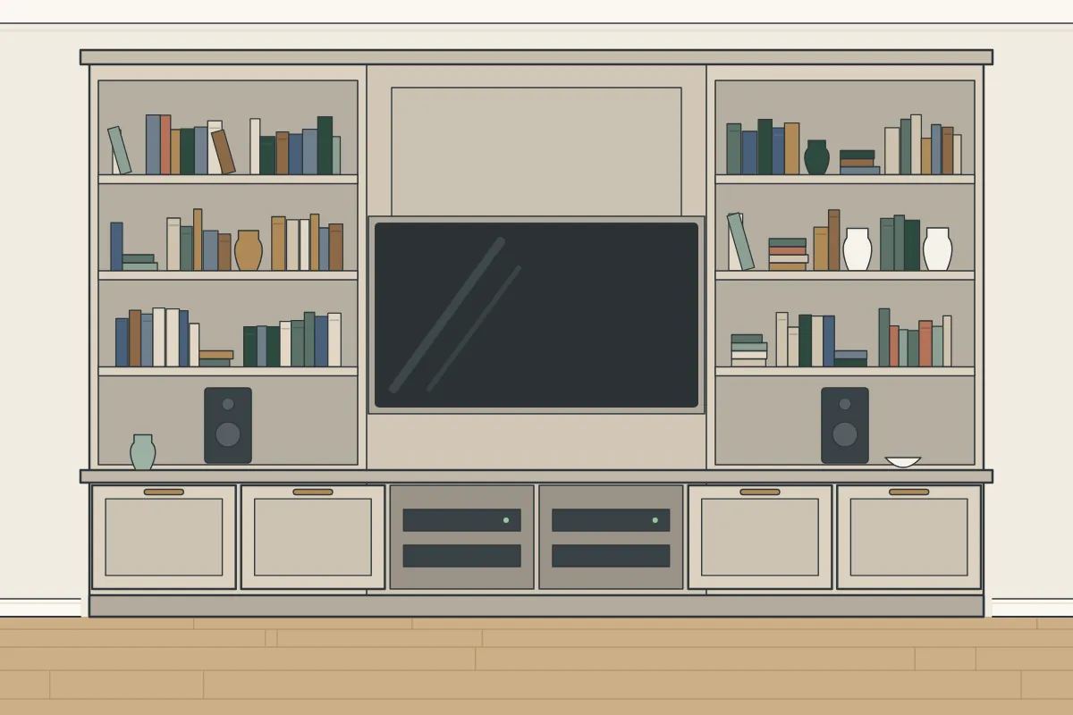 Illustration of a built-in TV wall with shelves and cupboards around the screen