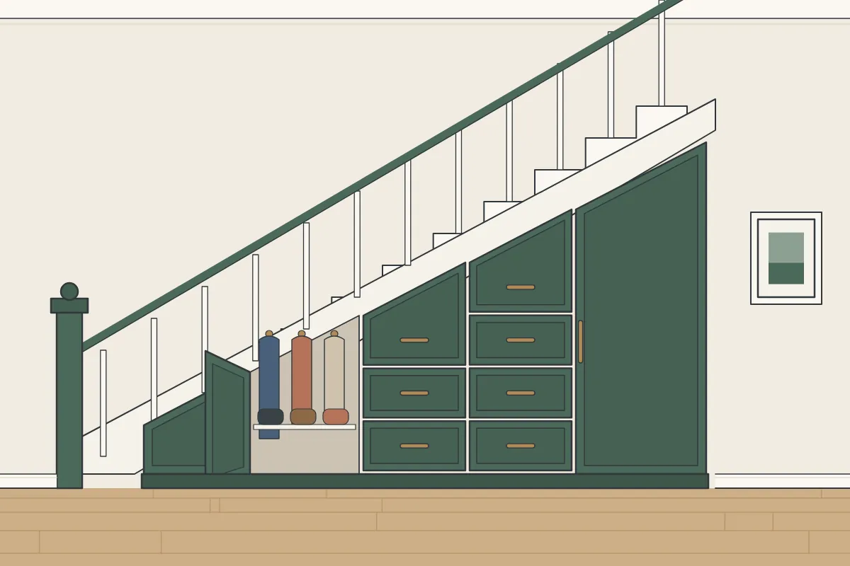 Illustration of pull-out drawers and cupboards built under a staircase