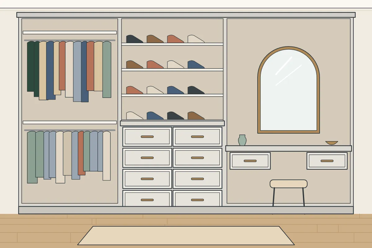 Illustration of a walk-in wardrobe with hanging rails, shelves, drawers and shoe storage