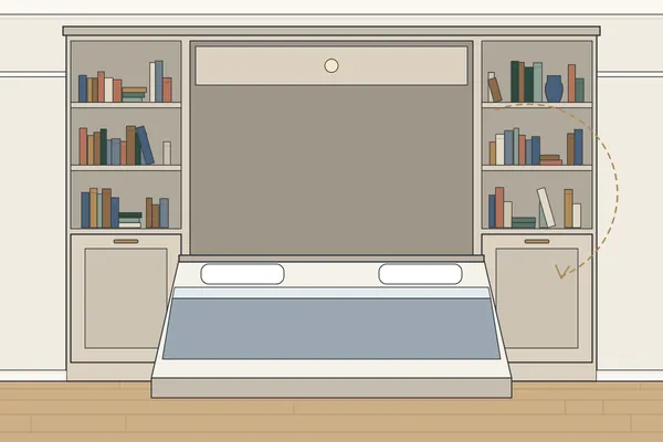 Illustration of a wall bed lowered from built-in cupboards in a spare room