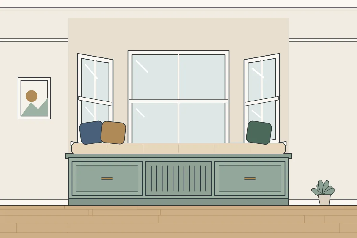 Illustration of a painted window seat in a bay window with drawers below