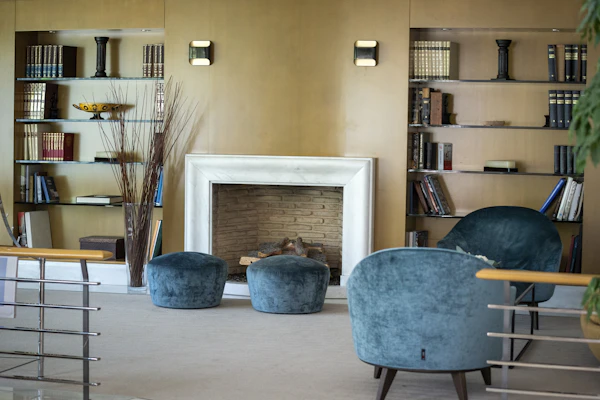 Example photo: alcove shelving beside a white fireplace