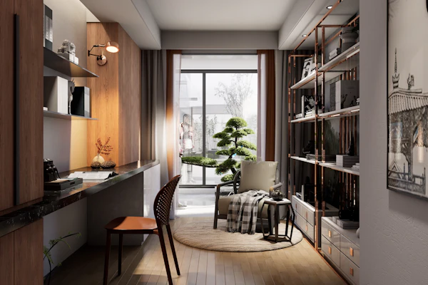 Example photo: a desk and bookshelves fitted into a narrow room